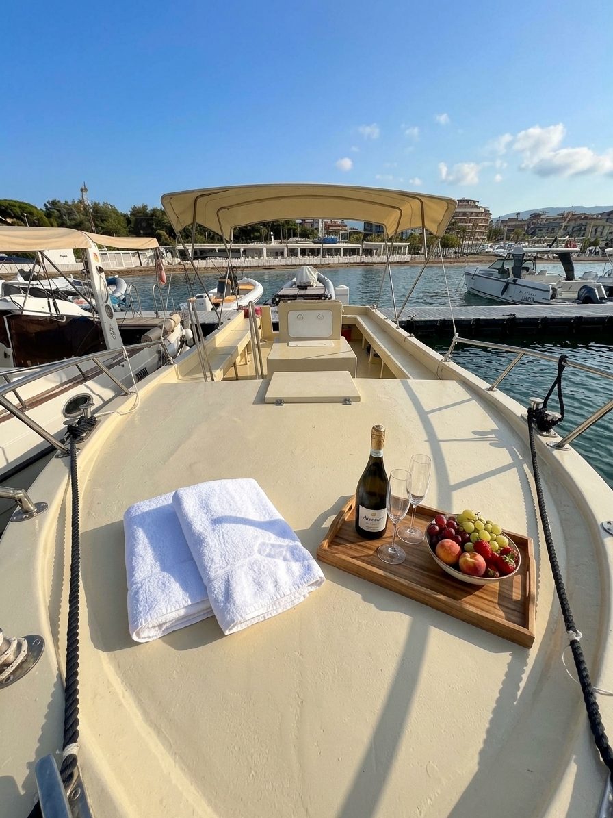 Zàgara — prosecco e frutta fresca sul prendisole di prua