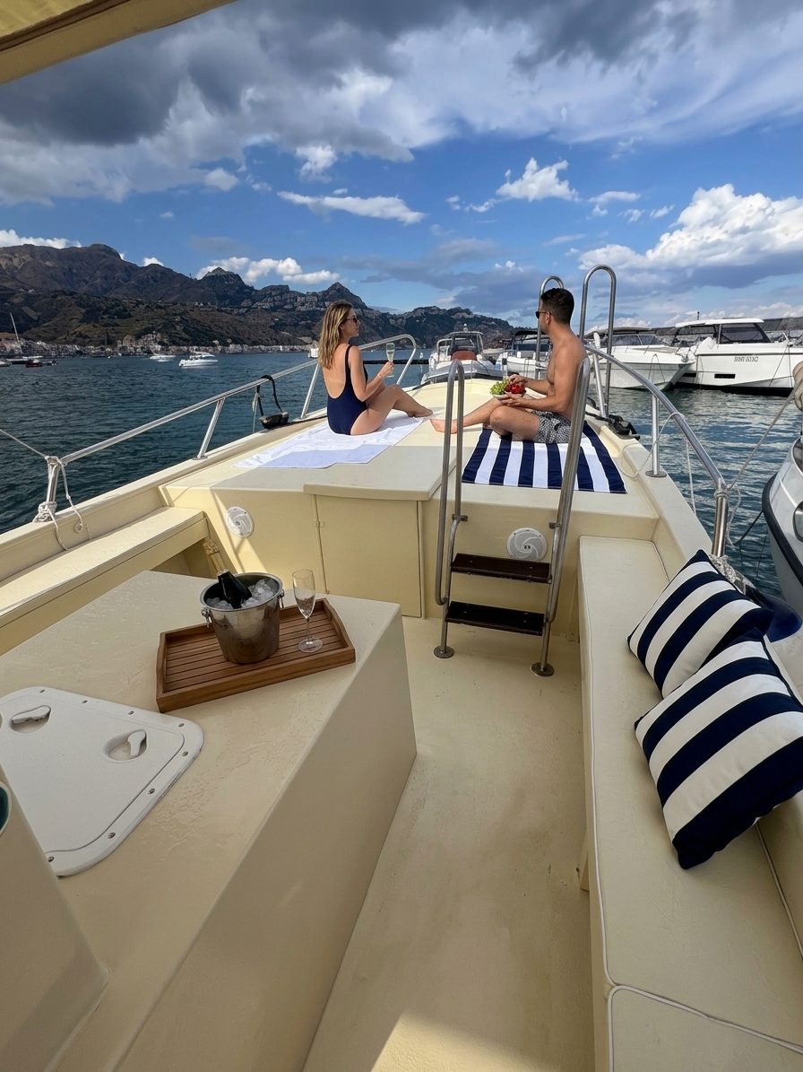 Zàgara — ospiti sul prendisole di prua, con Taormina sullo sfondo